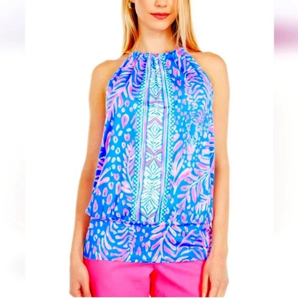 Lilly Pulitzer Vibrant Blue and Pink Tank Top Gold Chain - Picture 8 of 9